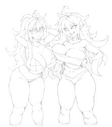 Rule 34 | 2girls, android 21, arms up, bikini, bracelet, breasts, choker, cleavage, dragon ball, dragon ball super, glasses, highres, huge breasts, jewelry, long hair, long tongue, makinakid, multiple girls, swimsuit, thick thighs, thighs, thong, tongue, tongue out