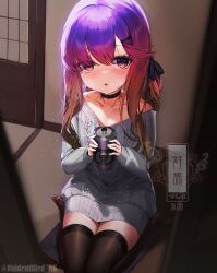 Rule 34 | 1girl, black choker, black thighhighs, blush, brown eyes, can, character name, choker, collarbone, cushion, gradient hair, grey sweater, highres, holding, holding can, kantai collection, long hair, long sleeves, looking at viewer, mole, mole under eye, multicolored hair, parted lips, purple hair, seiza, sitting, solo, sweater, tatami, thighhighs, tsushima (kancolle), unidentified nk, zabuton