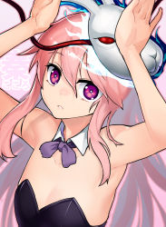 Rule 34 | 1girl, alternate costume, armpits, arms up, bare arms, bare shoulders, blush, bow, bowtie, bright pupils, collarbone, commentary request, detached collar, expressionless, fire, flat chest, from above, hair between eyes, hata no kokoro, highres, leotard, long hair, looking at viewer, looking up, mask, mask on head, nose blush, parted lips, pink background, pink hair, purple bow, purple bowtie, purple eyes, rabbit pose, solo, strapless, strapless leotard, taketora suzume, touhou, very long hair