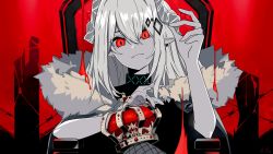 1girl absurdres arknights closed_mouth crown demon_girl demon_horns ear_piercing fur_trim highres horns infection_monitor_(arknights) king_(vocaloid) long_hair mudrock_(arknights) parody piercing pointy_ears red_background red_eyes rossweisserita3 solo vocaloid white_hair