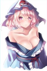 Rule 34 | 1girl, :o, absurdres, blue hair, blue hat, blue kimono, blush, breasts, cleavage, colored tips, frilled kimono, frills, gradient hair, hat, highres, hitodama, japanese clothes, kimono, large breasts, looking at viewer, mob cap, multicolored hair, open mouth, pink eyes, pink hair, saigyouji yuyuko, shiranui (wasuresateraito), short hair, solo, touhou, triangular headpiece, two-tone hair