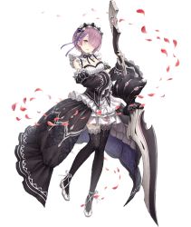 Rule 34 | crossover, detached sleeves, dress, frilled dress, frills, frown, full body, hair over one eye, hairband, holding, holding weapon, ji no, looking at viewer, official art, petals, pink hair, polearm, ram (re:zero), re:zero kara hajimeru isekai seikatsu, red eyes, showgirl skirt, sinoalice, solo, thighhighs, transparent background, weapon, wide sleeves