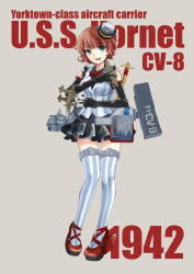 Rule 34 | 1girl, aircraft, airplane, amine, black gloves, blue eyes, bow, bowtie, breasts, character name, elbow gloves, english text, freckles, gloves, grey background, hat, highres, knife, large breasts, looking at viewer, machinery, open mouth, original, red footwear, red hair, shoes, short hair, skirt, sleeveless, smile, solo, striped clothes, striped thighhighs, thighhighs, throwing knife, united states navy, uss hornet (cv-8), vertical-striped clothes, vertical-striped thighhighs, vest, wavy hair, weapon, yoshimizu amine, yumi amin