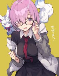 Rule 34 | 1girl, animal, animal on shoulder, black dress, blush, collared dress, dress, enomoto hina, fate/grand order, fate (series), fou (fate), glasses, grey jacket, hair over one eye, hands up, jacket, long sleeves, looking at viewer, mash kyrielight, necktie, open mouth, purple eyes, purple hair, red necktie, simple background, smile, solo, upper body, yellow background