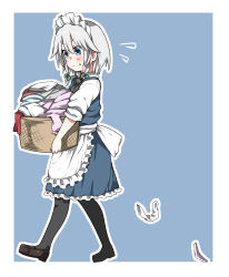 Rule 34 | &gt;:(, 1girl, apron, ascot, black pantyhose, blue eyes, blush, bow, braid, collared shirt, dress, flying sweatdrops, frown, hair bow, highres, izayoi sakuya, kz oji, laundry, laundry basket, loafers, maid, maid headdress, pantyhose, sash, shirt, shoes, short hair, silver hair, sleeves rolled up, solo, sweat, touhou, twin braids, v-shaped eyebrows, waist apron, walking