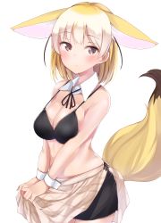 Rule 34 | 1girl, absurdres, animal ears, blonde hair, blush, breasts, brown eyes, cleavage, closed mouth, fennec (kemono friends), highres, kemono friends, kinou no shika, large breasts, looking at viewer, medium breasts, multicolored hair, short hair, solo, standing, tail, white hair, wrist cuffs