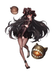 Rule 34 | 10s, 1girl, abyssal ship, black dress, black footwear, black hair, black skirt, bodystocking, bonnet, breasts, dress, enemy aircraft (kancolle), full body, glowing, glowing eyes, gothic lolita, grin, highres, hitoshi (slambird), holding own arm, horns, isolated island oni, kantai collection, lolita fashion, long hair, m/, miniskirt, pale skin, red eyes, ribbed shirt, shirt, shoes, simple background, skirt, small breasts, smile, solo, very long hair, white background