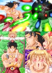 Rule 34 | 1boy, 1girl, :d, ^ ^, battle, black hair, blonde hair, blouse, bracelet, broly (dragon ball z), carrying, cheek squash, closed eyes, danmaku, darkness, dragon ball, dragonball z, fang, flying, forest, glowing, glowing eyes, hair ribbon, happy, highres, jewelry, muscular, nature, ohoho, open mouth, outstretched arms, poking, ribbon, rumia, shirt, shoulder carry, smile, spread arms, touhou, tree, vest