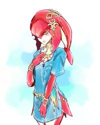 Rule 34 | 1girl, bad id, bad twitter id, blush, borrowed clothes, colored skin, fins, fish girl, hair ornament, jewelry, link, long hair, mipha, monster girl, multicolored skin, nintendo, no eyebrows, red hair, red skin, shirt, solo, the legend of zelda, the legend of zelda: breath of the wild, yellow eyes, zora