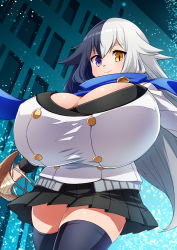 Rule 34 | 1girl, black hair, black skirt, black thighhighs, blue background, blue scarf, borrowed character, breasts, buttons, cleavage, closed mouth, commission, cowboy shot, double-breasted, from below, gigantic breasts, hair between eyes, heterochromia, highres, holding, holding weapon, jacket, lapel pin, long hair, long sleeves, looking down, mao (nekonekocatzzz), miniskirt, multicolored hair, nrtk 2, original, parted hair, pleated skirt, purple eyes, scarf, second-party source, sidelocks, skirt, slit pupils, smile, solo, star-shaped pupils, star (symbol), symbol-shaped pupils, thighhighs, two-tone hair, uniform, walking, weapon, white hair, white jacket, yellow eyes, zettai ryouiki
