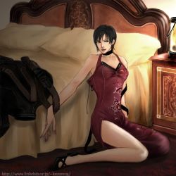 Rule 34 | 1girl, ada wong, asia airport, bare legs, bare shoulders, bed, black eyes, black hair, capcom, china dress, chinese clothes, choker, dress, female focus, high heels, legs, lowres, nail polish, pillow, red dress, resident evil, resident evil 4, shoes, short hair, side slit, sitting, solo, thighs, undressing
