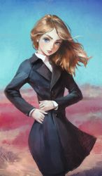 Rule 34 | 1girl, blonde hair, blue eyes, blue sky, buttons, coat, day, dress shirt, eyebrows, female focus, hand in pocket, highres, lips, long hair, long sleeves, nababa, original, pantyhose, shirt, sky, solo