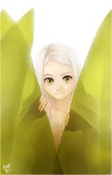 Rule 34 | 1girl, green eyes, leaf, long hair, meago, mina (meago), nude, original, signature, smile, solo, white hair