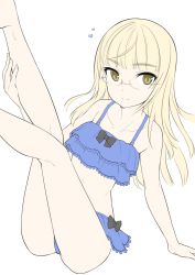 Rule 34 | 1girl, aohashi ame, ass, bikini, blonde hair, blue bikini, blush, closed mouth, frilled bikini, frills, glasses, highres, long hair, looking at viewer, perrine h. clostermann, simple background, smile, solo, strike witches, swimsuit, white background, world witches series, yellow eyes