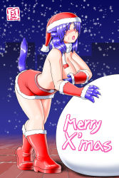 Rule 34 | 1girl, animal ears, bag, belt, bent over, boots, breasts, christmas, covering privates, covering breasts, dog ears, dog tail, female focus, gloves, hat, highres, huge breasts, miniskirt, natsuki (kakekomiya-san), night, open mouth, original, purple hair, red eyes, santa costume, santa hat, skirt, snow, snowing, solo, standing, tail, topless