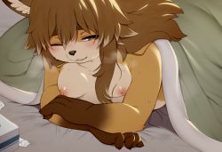 Rule 34 | 1girl, animal ears, blanket, blush, breasts, brown eyes, brown hair, female focus, fox ears, furry, furry female, half-closed eyes, long hair, looking at viewer, lying, mofuaki, nipples, nude, on bed, on stomach, one eye closed, original, plump, small breasts, solo, sweat, tissue, tissue box