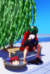 Rule 34 | 1girl, barefoot, bench, blue sky, bow, bucket, cape, day, disembodied head, food, fruit, hair bow, hand fan, highres, hot, in bucket, in container, kansuke (bubuduke), long sleeves, paper fan, red eyes, red hair, role reversal, sekibanki, severed head, shirt, shoes, unworn shoes, sitting, skirt, sky, unworn socks, solo, sweat, touhou, tree, tub, uchiwa, water, watermelon