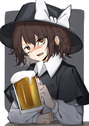 Rule 34 | 1girl, absurdres, alcohol, beer, black hat, blush, capelet, collared shirt, cup, eyebrows, hair between eyes, hand on table, hat, hat ribbon, headwear request, highres, hisha (kan moko), holding, long sleeves, looking at viewer, on table, open mouth, orange eyes, puffy long sleeves, puffy sleeves, ribbon, shirt, short hair, simple background, solo, table, touhou, usami renko, white ribbon