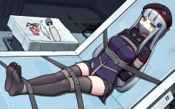 Rule 34 | 1girl, bdsm, belt, bondage, bound, breasts, feathers, feet, gag, gagged, gbeeee, girls&#039; frontline, hk416 (girls&#039; frontline), improvised gag, pleated skirt, restrained, rope, sex toy, skirt, solo, strapped down, table, tablecloth, tape, tape gag, taped hands, thighhighs, vibrator, vibrator cord, zettai ryouiki