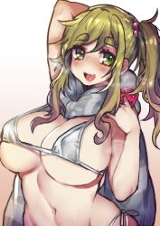 Rule 34 | 1girl, :d, arm behind head, bad id, bad twitter id, blonde hair, blush, bra, breasts, breath, condom, condom wrapper, covered erect nipples, green eyes, grey scarf, hair bobbles, hair ornament, hand up, huge breasts, inuyama aoi, looking at viewer, navel, one side up, open mouth, osiimi, panties, scarf, side-tie panties, smile, solo, thick eyebrows, underwear, upper body, white bra, yurucamp
