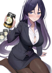 Rule 34 | 1girl, beppu mitsunaka, breasts, brown pantyhose, fate/grand order, fate (series), formal, highres, large breasts, long hair, looking at viewer, minamoto no raikou (fate), office lady, pantyhose, parted bangs, pencil skirt, purple eyes, purple hair, skirt, skirt suit, smile, solo, suit, very long hair