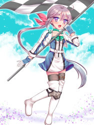 Rule 34 | 1girl, akebono (kancolle), blue gloves, boots, checkered flag, commentary request, flag, full body, gloves, hair ribbon, highres, izumi shara, jacket, kantai collection, long hair, multicolored clothes, multicolored gloves, official alternate costume, purple eyes, purple hair, race queen, ribbon, side ponytail, solo, thigh boots, thighhighs, two-tone dress, very long hair, white jacket, white thighhighs