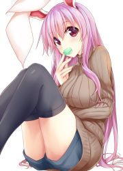 Rule 34 | 1girl, animal ears, black thighhighs, breasts, commentary request, dress, hair between eyes, head tilt, hisae (hisae collect), knees up, large breasts, long hair, long sleeves, looking at viewer, purple hair, rabbit ears, red eyes, reisen udongein inaba, ribbed sweater, short shorts, shorts, simple background, sitting, solo, sweater, sweater dress, thighhighs, touhou, turtleneck, turtleneck sweater, very long hair, white background