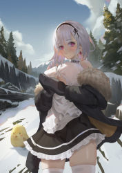 Rule 34 | 1girl, absurdres, apron, azur lane, black hairband, black jacket, black skirt, breasts, center frills, choker, cirilla lin, clothing cutout, covered erect nipples, dido (azur lane), earrings, forest, frilled apron, frilled choker, frills, fur-trimmed jacket, fur trim, hairband, heart, heart earrings, highres, jacket, jewelry, large breasts, long sleeves, looking at viewer, maid apron, manjuu (azur lane), medium hair, mountain, mountainous horizon, nature, open clothes, open jacket, red eyes, see-through, shirt, skindentation, skirt, sleeveless, sleeveless shirt, solo, thighhighs, underboob, underboob cutout, waist apron, white apron, white hair, white thighhighs, zettai ryouiki