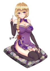 Rule 34 | 1girl, absurdres, arm warmers, black thighhighs, blonde hair, blush, braid, breasts, china dress, chinese clothes, cleavage, dress, floral print, full body, garter straps, hair over shoulder, hand on own leg, highres, kneeling, large breasts, mimikaki, mole, mole under mouth, muka tsuku, nail polish, no panties, original, pink nails, purple dress, purple eyes, sitting, smile, solo, thighhighs