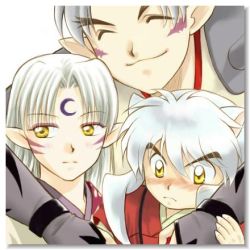 Rule 34 | 3boys, age difference, animal ears, blush, brothers, dog ears, closed eyes, facial mark, family, father and son, forehead mark, hattori min, hug, inu-no-taishou, inu no taishou, inuyasha, inuyasha (character), looking away, lowres, male focus, multiple boys, pointy ears, sesshoumaru, siblings, smile, white hair, yellow eyes, aged down