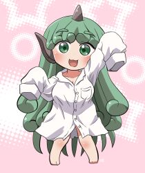 Rule 34 | 1girl, barefoot, blush, buttons, collarbone, full body, green eyes, green hair, highres, horns, komano aunn, long hair, looking at viewer, open mouth, oversized clothes, rokugou daisuke, shirt, signature, single horn, sleeves past fingers, sleeves past wrists, smile, solo, touhou, white shirt