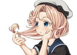 Rule 34 | 1girl, blue eyes, blue sailor collar, closed mouth, harukaze unipo, hat, head rest, holding, holding own hair, janus (kancolle), kantai collection, nail polish, red nails, sailor collar, short hair, short sleeves, simple background, solo, upper body, white background, white hat