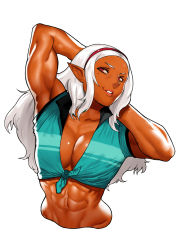 Rule 34 | 1girl, abs, aqua shirt, arm up, armpits, arms behind head, arms up, backlighting, breasts, cessa, cleavage, collarbone, commentary, commission, dark-skinned female, dark elf, dark skin, elf, elf-san wa yaserarenai., english commentary, front-tie top, hairband, highres, kuroeda-san, large breasts, lips, long hair, mole, mole under eye, muscular, muscular female, navel, no bra, pointy ears, popped collar, red eyes, red hairband, shiny skin, shirt, silver hair, smile, solo, torso, upper body, white background