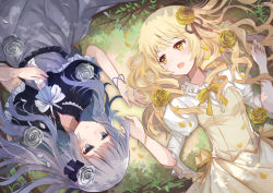 Rule 34 | 2girls, ascot, back bow, blonde hair, blush, bow, branch, capelet, dress, expressionless, flower, frills, grass, grey eyes, grey hair, grey rose, hair flower, hair ornament, hand on own chest, hand up, jitome, juliet sleeves, long hair, long sleeves, looking at another, lying, multiple girls, naru (kts5584), neck ribbon, on back, on ground, open mouth, original, outdoors, puffy sleeves, ribbon, rose, smile, wide sleeves, yellow eyes, yellow flower, yellow rose