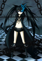 Rule 34 | 10s, 1girl, absurdres, belt, bikini, bikini top only, black hair, black rock shooter, black rock shooter (character), blue eyes, boots, chain, checkered floor, coat, glowing, glowing eyes, highres, kuena, long hair, midriff, navel, scar, shorts, solo, swimsuit, twintails, weapon