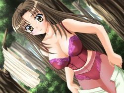 Rule 34 | 1girl, blush, breasts, brown eyes, brown hair, bush, bustier, character request, cleavage, collarbone, forest, kanekiyo miwa, large breasts, lingerie, long hair, looking at viewer, nature, navel, open mouth, panties, panties over pantyhose, pantyhose, red panties, skirt, standing, tree, trouble witch&#039;s!!, underwear, undressing, white skirt