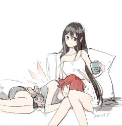 Rule 34 | 2girls, arknights, bare legs, blush, brown eyes, brown hair, closed mouth, coffee mug, cup, dated, detached wings, doctor (arknights), dress, energy wings, english text, exusiai (arknights), closed eyes, feet out of frame, female doctor (arknights), grey shorts, halo, holding, holding cup, lap pillow, long hair, lying, mug, multiple girls, on side, pillow, red hair, short hair, short shorts, shorts, simple background, sitting, sleeping, sleeveless, sleeveless dress, smile, stuffed animal, stuffed rabbit, stuffed toy, tank top, tianye toshi, very long hair, white background, white dress, wings, yuri