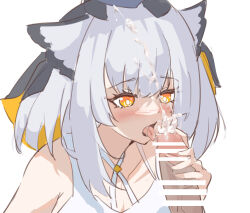 Rule 34 | 1girl, arknights, bar censor, censored, criss-cross halter, cum, cum on hair, dress, ejaculation, erection, facial, grey hair, halterneck, highres, lolifreak, looking at penis, medium hair, open mouth, orange eyes, owl ears, penis, portrait, ptilopsis (arknights), simple background, solo focus, tongue, tongue out, white background, white dress
