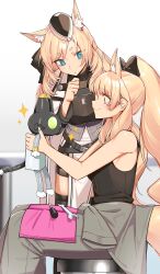 Rule 34 | 2girls, :&gt;, :o, animal ear fluff, animal ears, arknights, aunt and niece, bare shoulders, black bow, black tank top, blemishine (arknights), blonde hair, blue eyes, bow, breasts, extra ears, garrison cap, hair bow, hand on own chin, hat, high ponytail, highres, holding, horse ears, horse girl, horse tail, long hair, medium breasts, multiple girls, orange eyes, ponytail, robot, screwdriver, signal 1120, sitting, sleeveless, smile, sparkle, tail, tank top, thinking, whislash (arknights), wrench