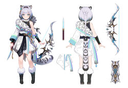 Rule 34 | 1girl, animal ears, aqua eyes, arm out of sleeve, arms at sides, black footwear, black hair, blue hair, bow (weapon), braid, braided ponytail, character sheet, closed mouth, dagger, ddcc0123, fur trim, hadanugi dousa, highres, holding, holding dagger, holding knife, holding weapon, japanese clothes, kimono, knife, leopard ears, leopard girl, leopard tail, long hair, looking at viewer, multicolored hair, multiple views, open clothes, open kimono, original, quiver, standing, streaked hair, tail, turnaround, weapon, white hair