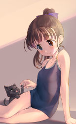 Rule 34 | 1girl, arm support, backlighting, black cat, black hair, blue one-piece swimsuit, blunt bangs, bow, cat, competition school swimsuit, feet out of frame, flat chest, fukuyama mai, grey background, hair bow, idolmaster, idolmaster cinderella girls, kawaseki, legs together, light smile, looking at animal, one-piece swimsuit, ponytail, school swimsuit, simple background, sitting, swimsuit, thigh gap, yokozuwari