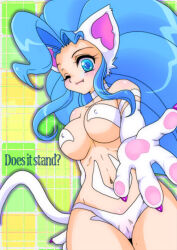 Rule 34 | 1girl, animal ears, animal hands, blue eyes, blue hair, breasts, cat ears, cat tail, english text, fang, felicia (vampire), large breasts, long hair, looking at viewer, one eye closed, pinkfelicia, tail, vampire (game), very long hair, white fur, wink