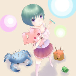 Rule 34 | bob cut, rabbit, child, crab, cup, from above, green hair, highres, minato (shouno), mug, original, pig, purple eyes, short hair, skirt, solo, spiked knuckles, stuffed animal, stuffed toy, thighhighs, weapon, zettai ryouiki