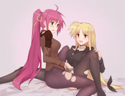 Rule 34 | absurdres, bed, black legwear, blonde hair, blue eyes, blush, breasts, fate testarossa, hair ornament, hair ribbon, hei chuan gui, highres, large breasts, looking at another, lyrical nanoha, mahou shoujo lyrical nanoha strikers, military, military uniform, multiple girls, open mouth, pantyhose, pink background, pink hair, red eyes, ribbon, signum, simple background, smile, torn clothes, torn legwear, tribadism, tribadism through clothes, tsab ground military uniform, uniform, yuri
