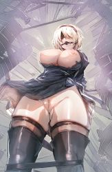Rule 34 | 1girl, ball gag, bdsm, black thighhighs, blindfold, bondage, bound, bow (bhp), breasts, censored, cleavage, cleft of venus, gag, gagged, gluteal fold, hairband, large breasts, mole, mole under mouth, mosaic censoring, nier (series), nier:automata, nipples, no panties, pussy, short hair, skirt, solo, thighhighs, thighs, white hair, 2b (nier:automata)