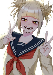 Rule 34 | 1girl, absurdres, bags under eyes, blonde hair, blue sailor collar, blunt bangs, boku no hero academia, cardigan, double bun, double v, fangs, hair bun, hands up, highres, looking at viewer, messy hair, mochi (mochinoirasuto), neckerchief, open mouth, red neckerchief, sailor collar, sidelocks, simple background, solo, teeth, toga himiko, v, white background, yellow cardigan, yellow eyes