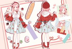 Rule 34 | 1girl, ^ ^, baguette, beret, bread, breasts, character sheet, closed eyes, commentary, english commentary, floral print, food, hat, heart, holding, holding food, lili/nadenade, long hair, medium breasts, medium hair, multiple views, nini yuuna, nini yuuna (1st costume), off shoulder, official art, open hand, pink eyes, pink hair, red headwear, red sweater, second-party source, smile, sweater, tsunderia, twintails, virtual youtuber