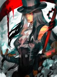 Rule 34 | 1other, absurdres, bare shoulders, blood, blood drip, collared shirt, eyeshadow, formal, guilty gear, guilty gear strive, hat, highres, holding, holding scythe, holding weapon, long hair, looking at viewer, makeup, nail polish, red eyes, red nails, scythe, shaded face, shirt, solo, testament (guilty gear), top hat, weapon, yohane shimizu