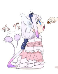Rule 34 | 1girl, blue eyes, blush, chocolate, dragon girl, dragon tail, dress, eyes visible through hair, feeding, from side, full body, gothic lolita, gradient hair, hairband, horns, kanna kamui, kobayashi-san chi no maidragon, lolita fashion, long hair, looking to the side, multicolored hair, open mouth, profile, purple hair, sitting, solo focus, sound effects, tail, tail wagging, teasing, tonmoh, twintails, white background