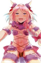 Rule 34 | 1boy, animal ears, astolfo (fate), blush, braid, bulge, cosplay, crossdressing, elbow gloves, fangs, fate/apocrypha, fate/grand order, fate (series), fur trim, gloves, halloween costume, looking at viewer, male focus, mash kyrielight, mash kyrielight (dangerous beast), mash kyrielight (dangerous beast) (cosplay), official alternate costume, open mouth, p answer, pink hair, purple eyes, single braid, solo, tail, thighhighs, trap, wolf ears, wolf tail